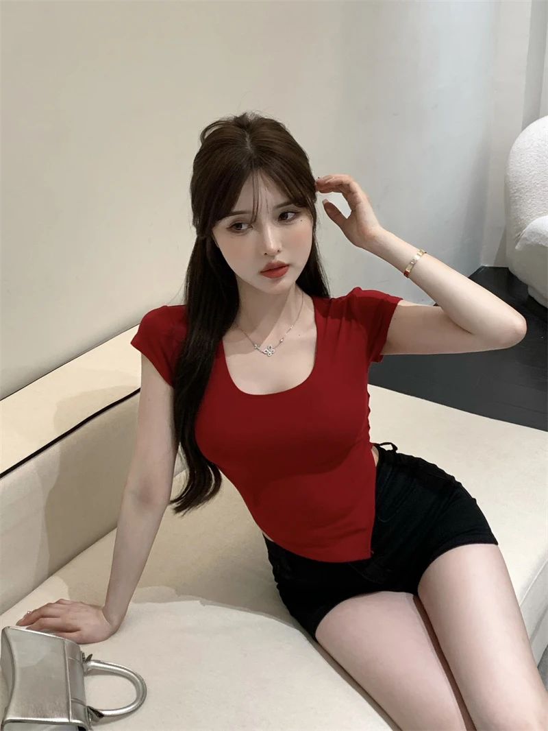 Summer Korean Fashion Y2K T-shirt Woman Japane Crop Top U-neck Split Sexy Red Pink White Tee Shirt Women Vintage767_voghion.com