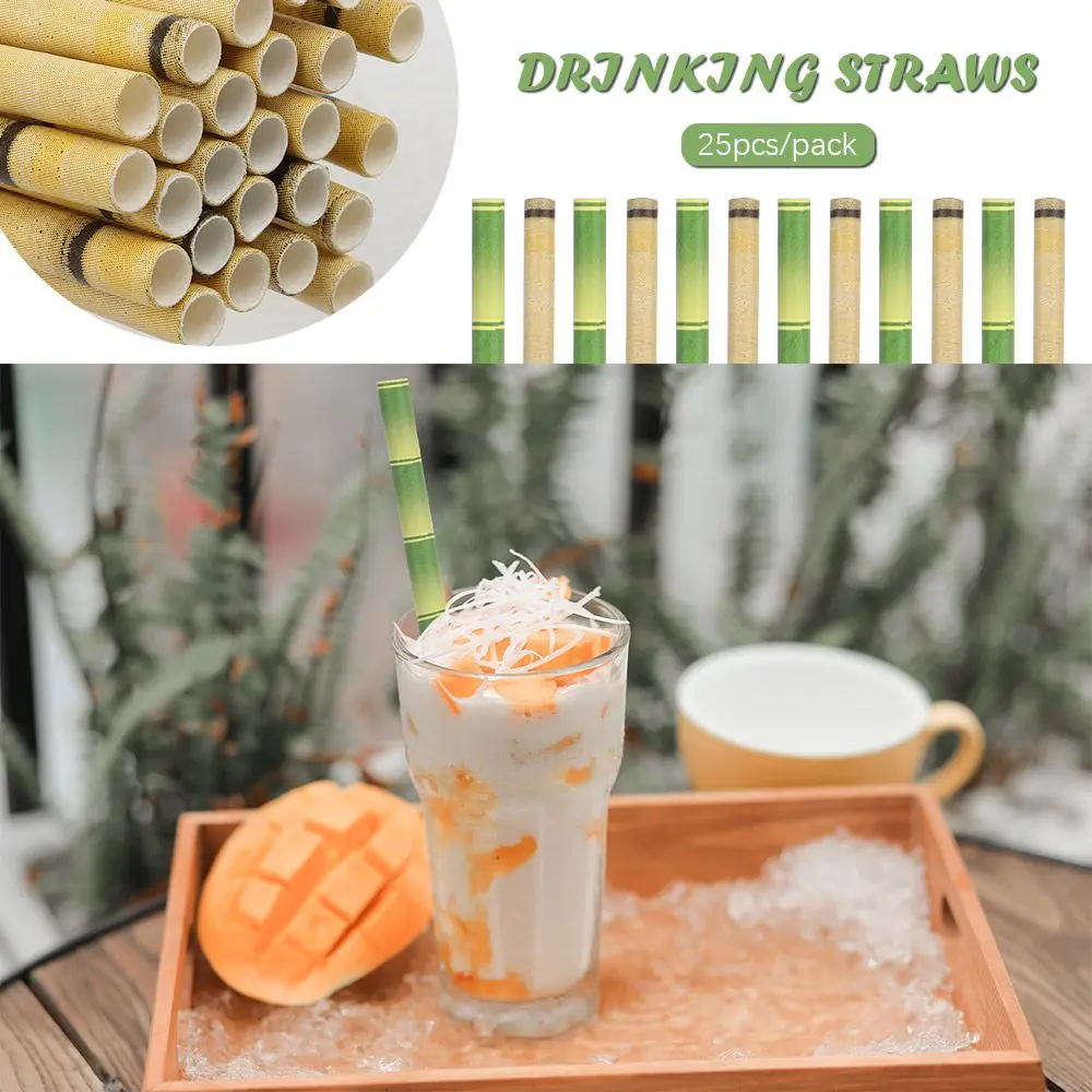 25pcs Decor Birthday Wedding Party Supplies Green Bamboo Drinking Straws Paper Straw