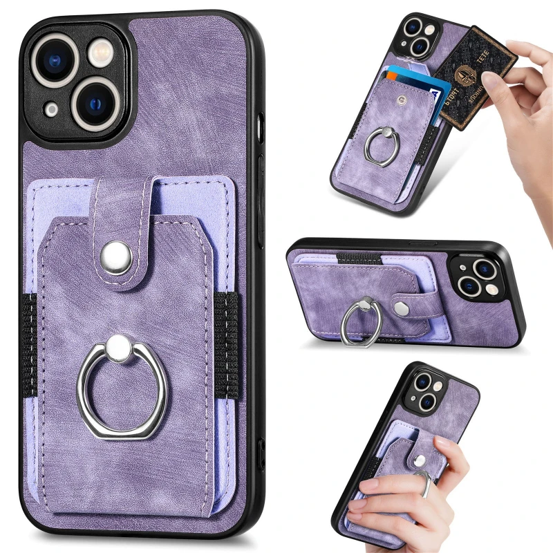 Versatile 360° Rotation Ring Kickstand Leather Wallet Card Holder with Magnetic Car Mount Compatibility