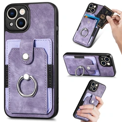 Versatile 360° Rotation Ring Kickstand Leather Wallet Card Holder with Magnetic Car Mount Compatibility - iPhone 18 (Purple)
