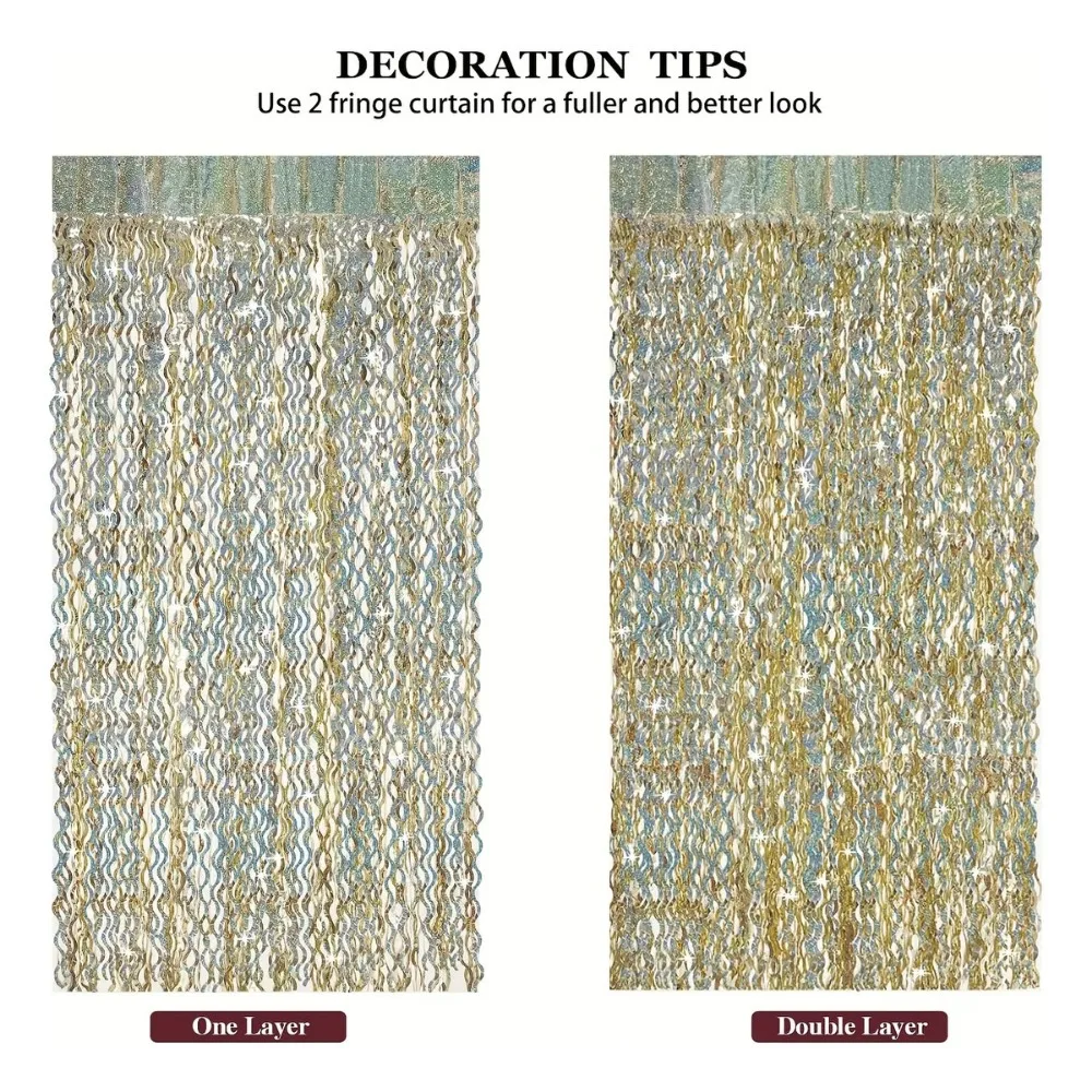 Gold Foil Fringe Curtain 4Pcs Shimmer Party Backdrop 4Pcs Champagne Gold Laser Wavy Foil Fringe Curtain with Golden Garland Wedding Birthday Party Photo Backdrop Decor 5
