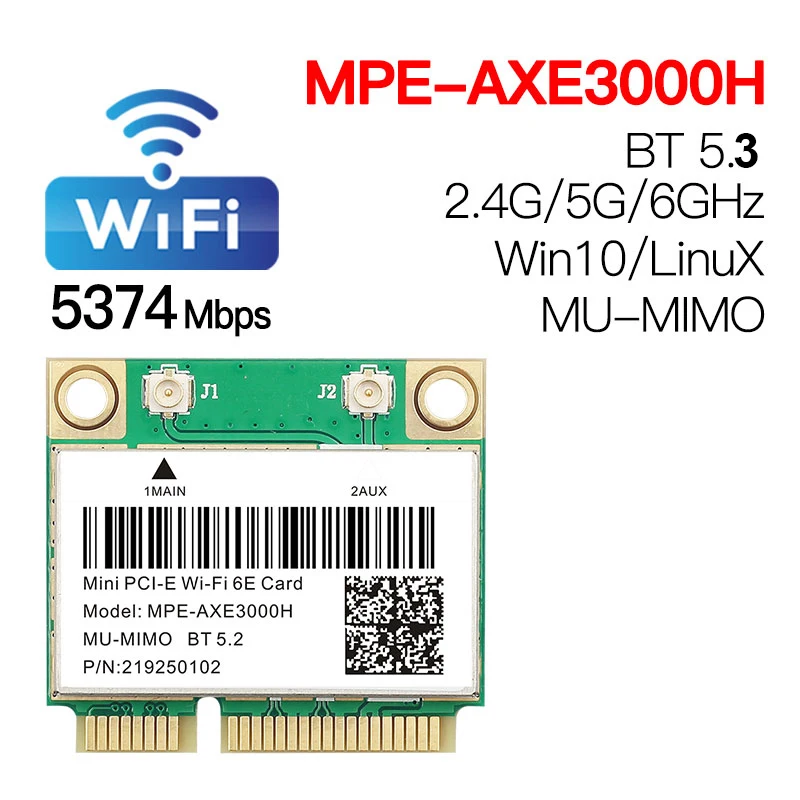 와이파이 6E 카드 5374Mbps 블루투스 5.3 미니 PCI-E 어댑터, AX210 2.4G, 5G, 6G, 노트북 윈 10, 11 용
