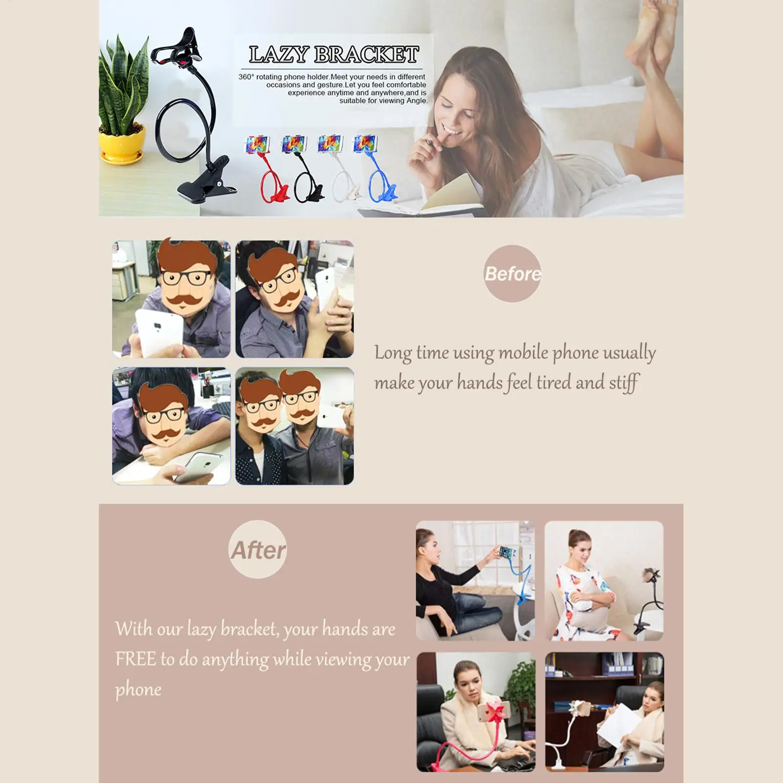 게으른 사람들을 위한 데스크탑 침대 옆 클립형 휴대폰 거치대, 유연한 롱암, 견고한 모바일 폰 홀더, 설치 간편, 핸즈프리 가능