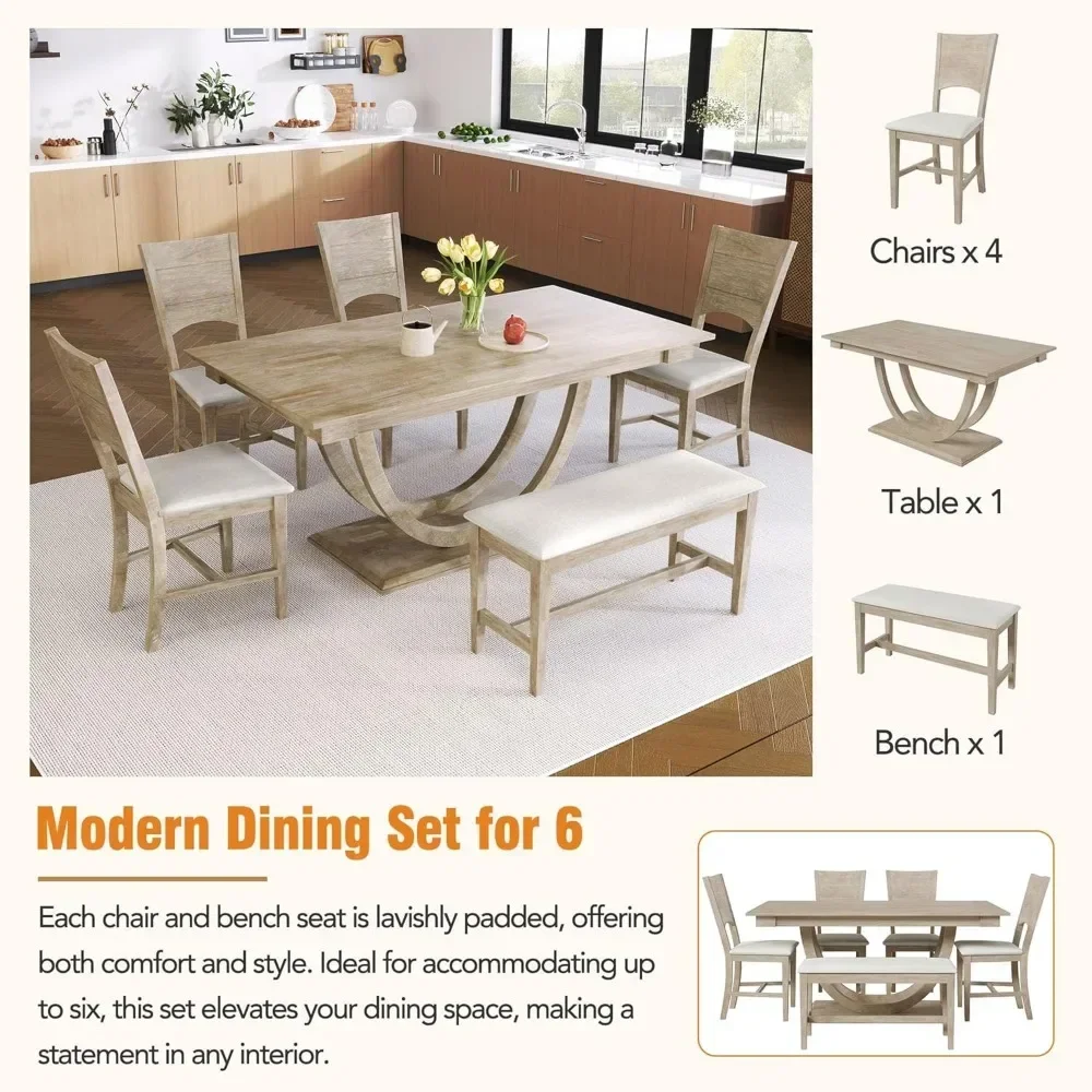 Dining Table Set for 6, Wood Kitchen Table Set with Half Round Base, 4 Upholstered Chairs and Bench, Dining Room Sets 3