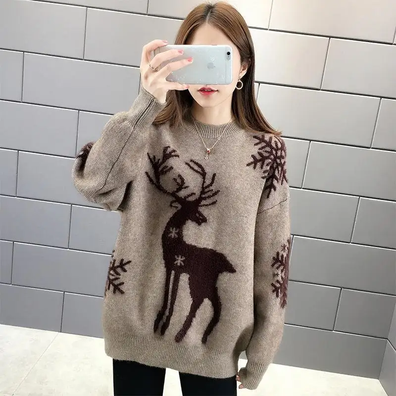 

Christmas Loose Knitted Sweaters for Women Pullover Autumn Winter Warm Casual Knitwear All Match Soft T-shirts Female