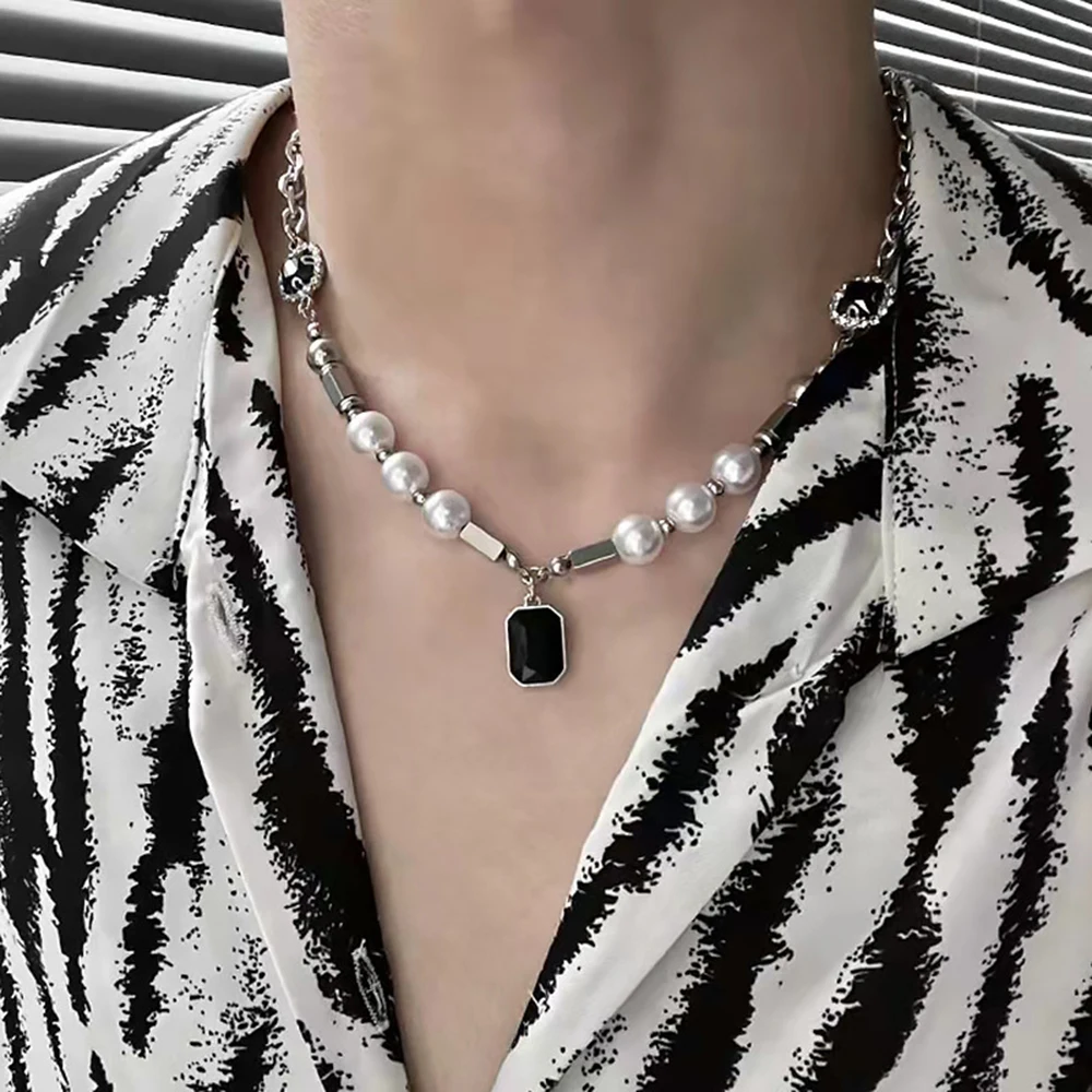 Hip-hop Rhinestones Pendant Pearl Necklace Men Steel Necklace Mens Jewellery Man Necklac pendant necklaces pendant necklace pearl necklace fashion necklace