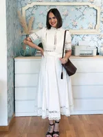 HH Women New Fashion White Skirt Suit O-Neck Crocheting Details Short-Sleeve Blouse With Side Zipper Pleated Midi Long Skirt - Image 2