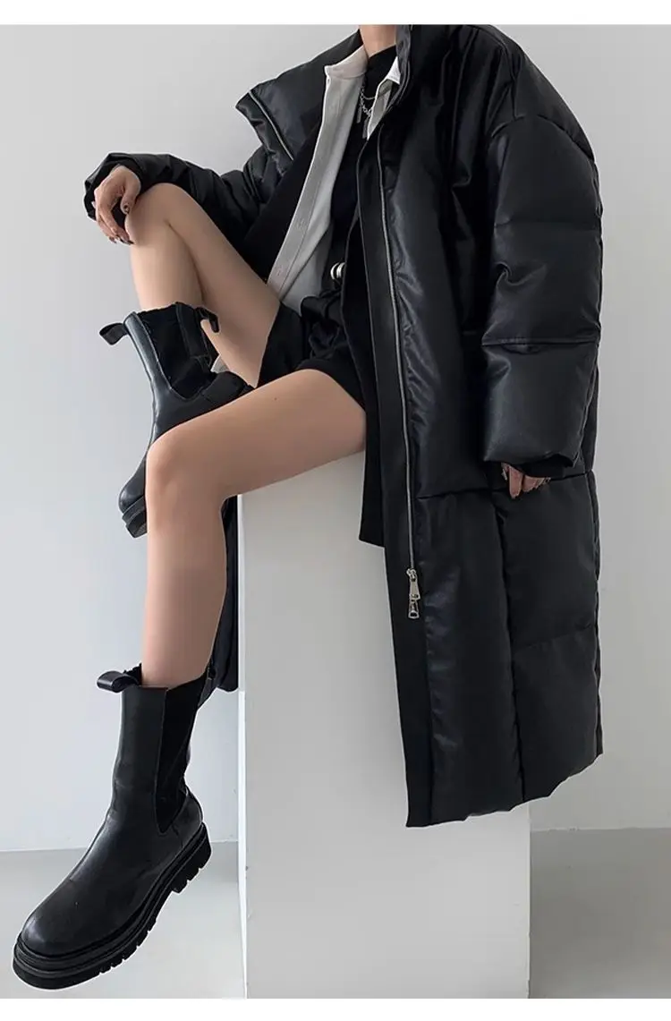 Winter Long Pu Leather Down Jacket Female Black Thick Warm Cotton Parka Outwears Women White Duck Down Knee Length Down Jackets
