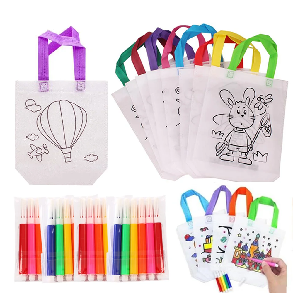 

5 Sets DIY Graffiti Bag with Markers Handmade Painting Non-Woven Bag for Children Arts Crafts Color Filling Drawing Toy GYH