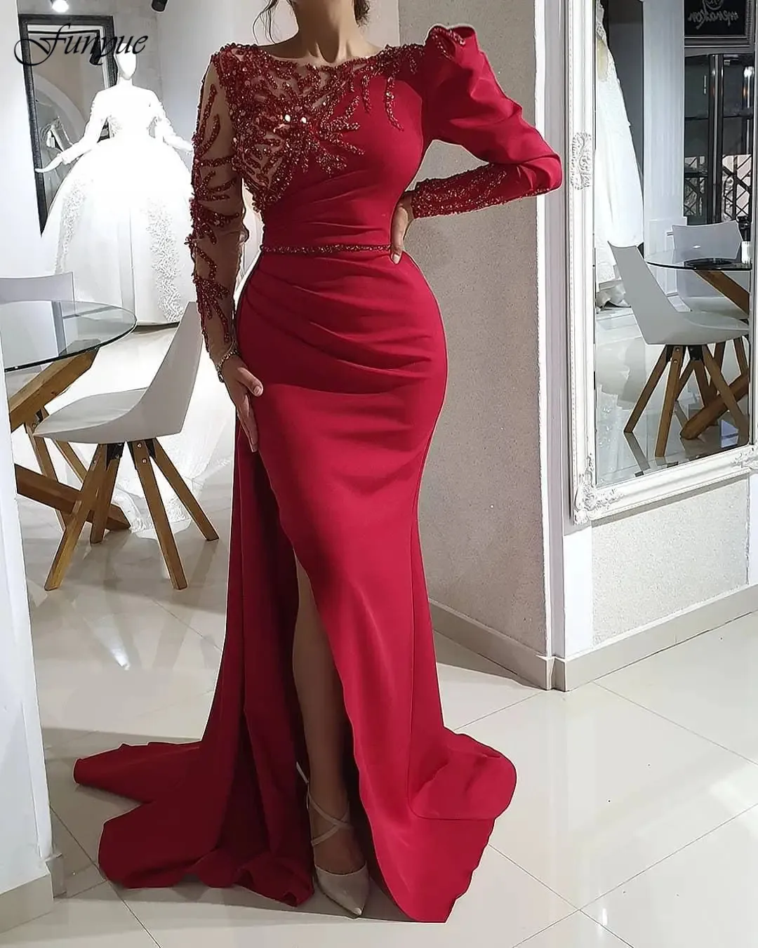 

Funyue темно-красные Роскошные вечерние платья для женщин 2024 бисерные атласные платья с длинным рукавом с разрезом
