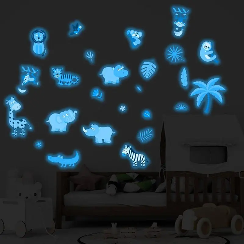Jungle Nursery Wall Stickers Animal Wallpaper Decals Glow-in-the-Dark Removable Self-Adhesive Waterproof Stickers Cartoon Decal