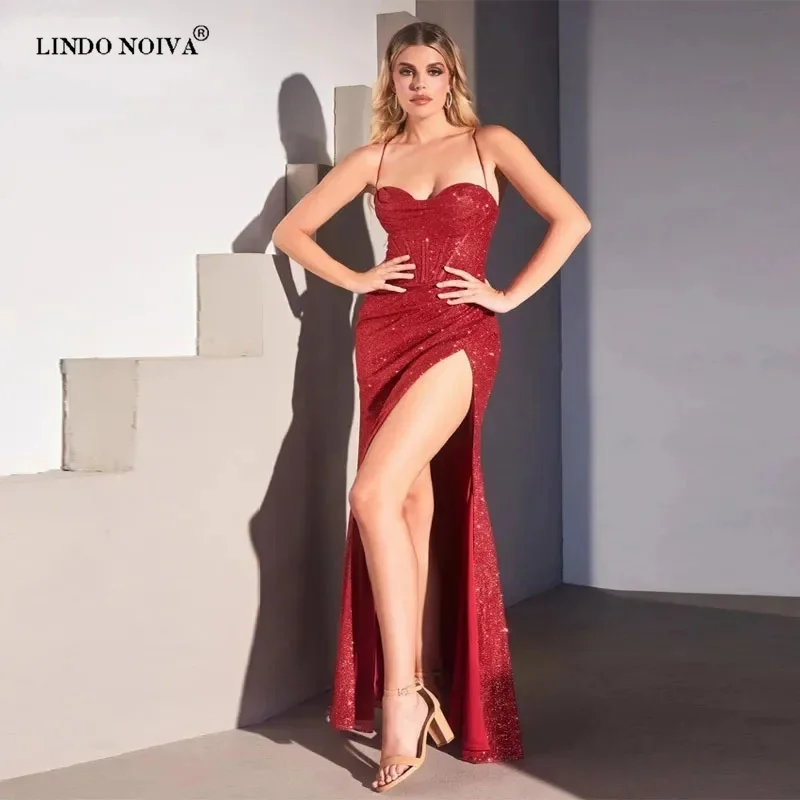 

LINDO NOIVA Sweetheart Sequin Mermaid Evening Dresses 2024 Sexy Prom Dresses Sleeveless Floor-Length Spandex Spaghetti Strap