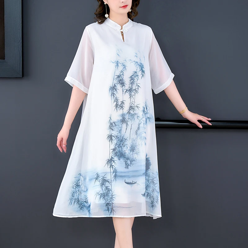 

Summer Fashion Elegant Silk Printed Dress For Women 2023 New Improved Cheongsam Loose Fit Casual Vacation Vestidos