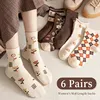 6 Pairs of Spring Summer Women Is Medium Socks Hose Khaki Vintage Flower Diamond Plaid Stripe Sweet and Comfortable 1