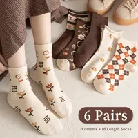 6 Pairs of Spring Summer Women Is Medium Socks Hose Khaki Vintage Flower Diamond Plaid Stripe Sweet and Comfortable 1