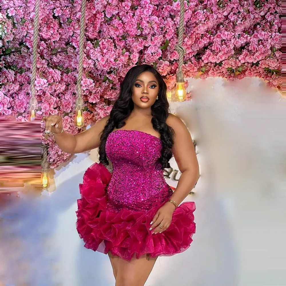 Sequined Mermaid Cocktail Dresses Strapless Ruffles Tiered Plus Size Prom Dress Sexy Short Party Dress For Photo Shoots cocktail dress