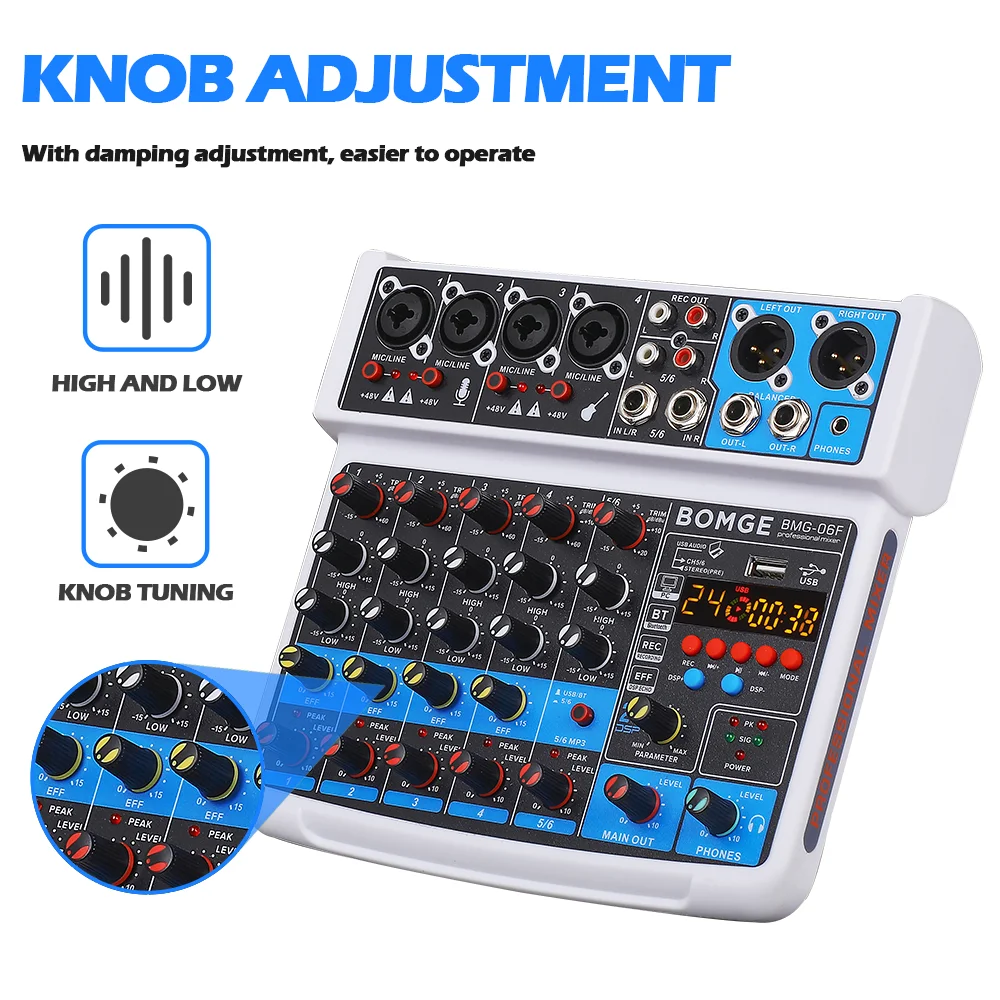 BOMGE 6 Channel Audio Mixer mini Mixing Sound Console USB audio Interface Sound Card With 16DSP 48V Phantom Power for karaoke DJ