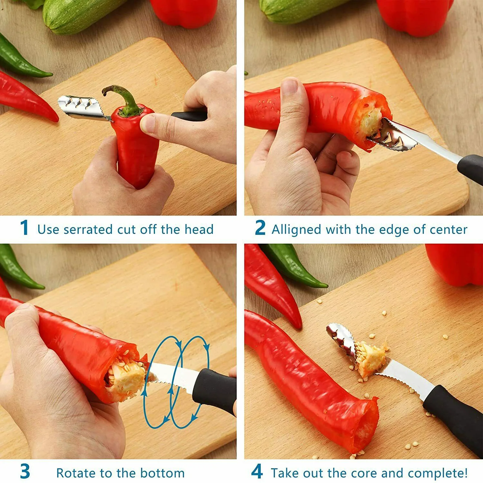 Stainless Steel Pepper Corer Tool Remover with Serrated Edge Vegetables Cutter Knife Kitchen Tools Serrated Seed Remover