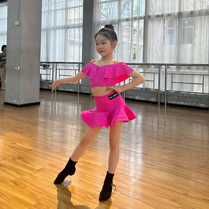 

2024 New Latin Dance Performance Dress For Girls Fluorescent Tops Split Skirts Suit Chacha Rumba Tango Latin Dance Wear DN17757