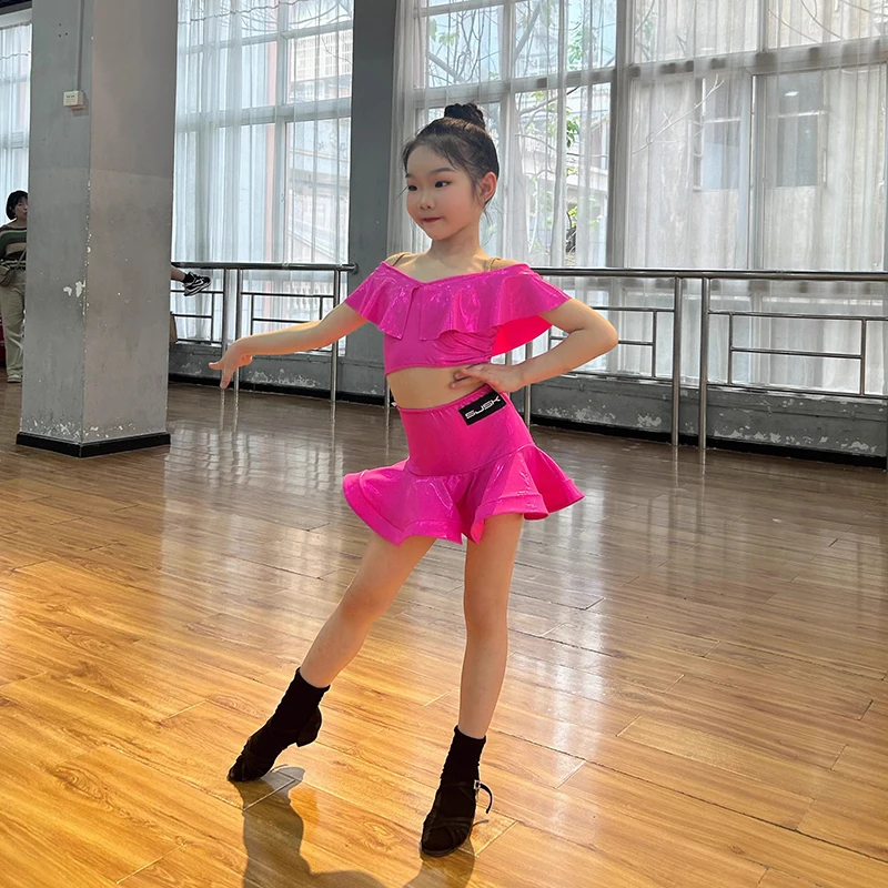 New Latin Dance Performance Dress For Girls Fluorescent Tops Split Skirts Suit Chacha Rumba Tango Latin Dance Wear DN17757