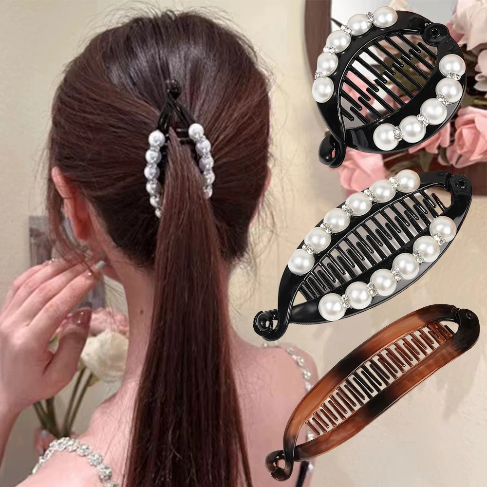 Frauen Haar Kralle Clip Perle Strass Pferdes chwanz Banane Haars pange für Mädchen Kämme Haars pangen Haarnadel Fischschwanz Clip Haarschmuck