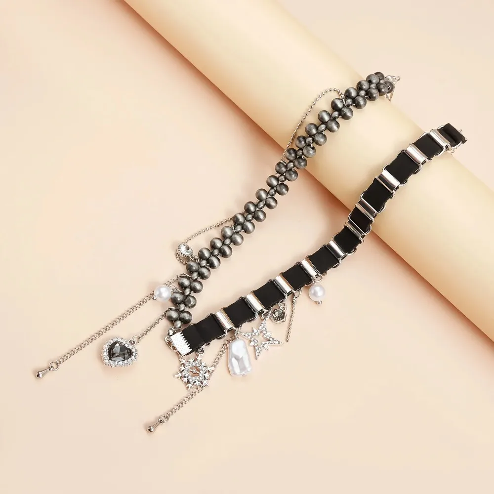 Y2K Snowflake Starlight Heart Tassel Necklaces for Women Velvet Woven Rope Beaded Patchwork Chain Choker Necklace Luxury Jewelry