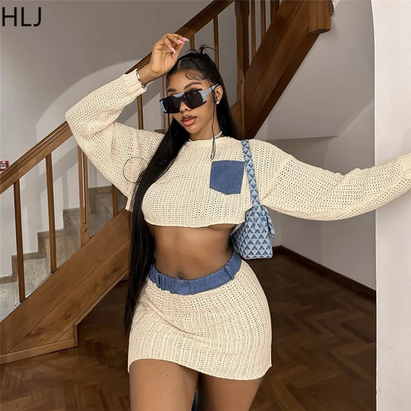 HLJ Apricot Fashion Knitting Patchwork Printing Skirts Two Piece Sets Women Round Neck Long Sleeve Crop Top + Mini Skirts Outfit korean solid color baggy sweater men s knitting pullovers crew neck pullover women harajuku knitwear christmas red knitted