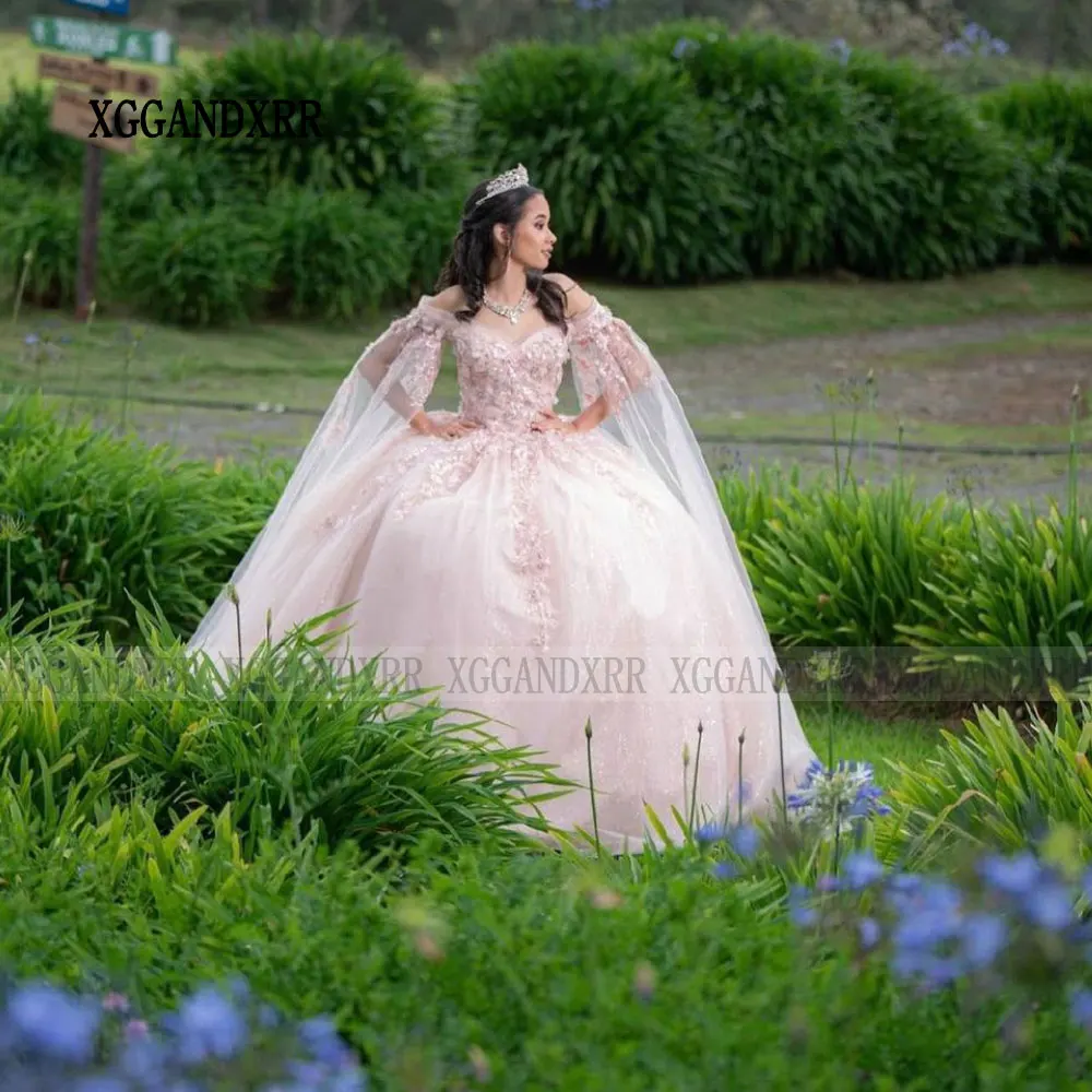 

Милое розовое платье для Quinceanera 2024, бальное платье с рукавами-накидками для дня рождения, милое платье 16, платья 15 лет, праздничные платья