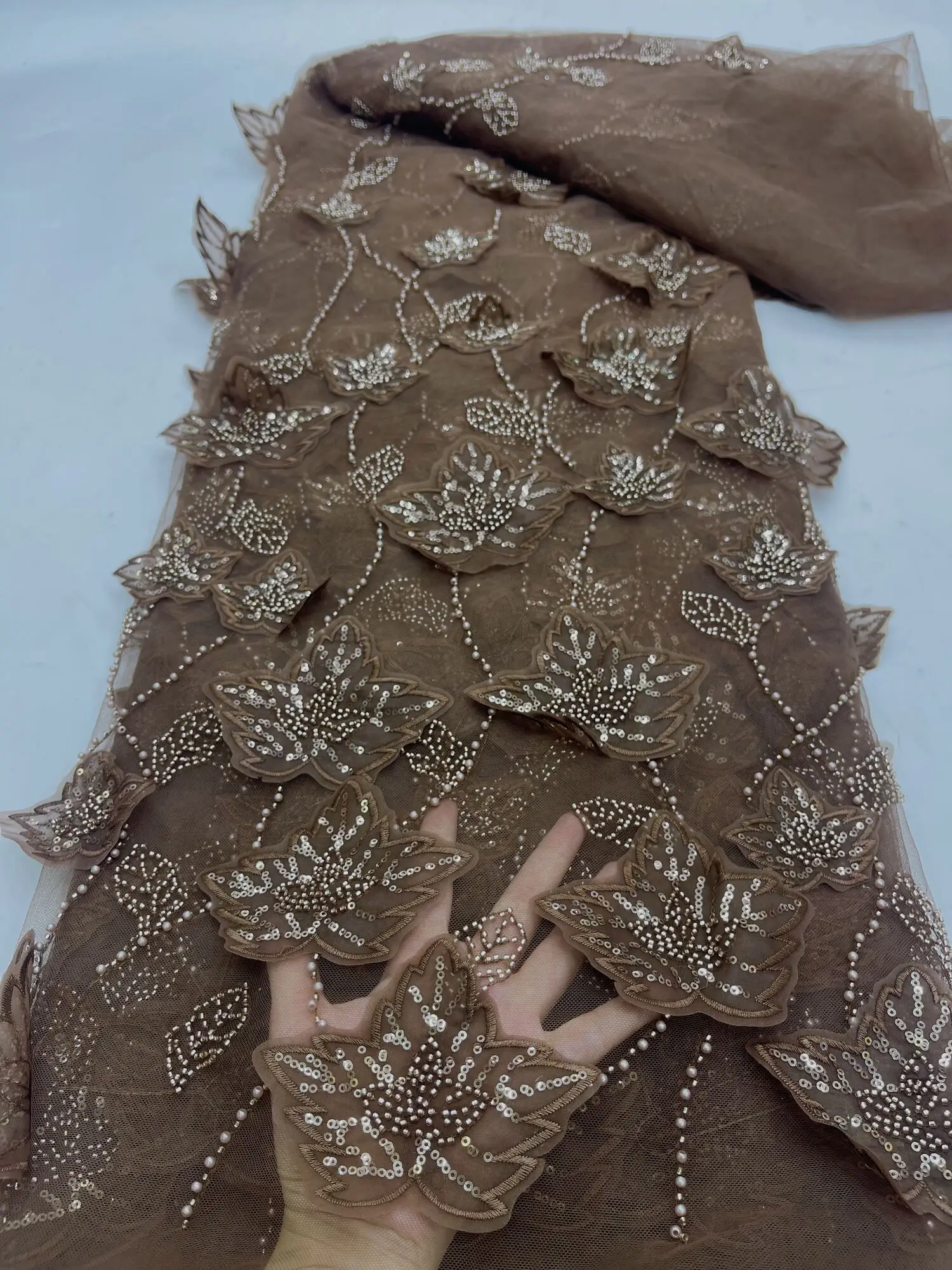 

5 Yards Luxury African Heavy Beaded Lace Tulle Fabric 2024 French 3D Flower Embroidered Applique Fabric For Sewing Material