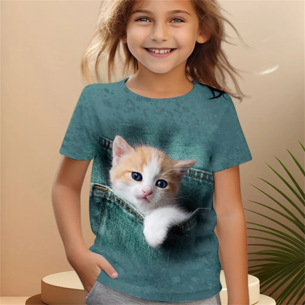 2024 Girl Clothes Short Sleeve Children's Clothing 2 to 8 Years One Piece Cat Graphic T Shirts Kawaii Tops Boys Summer Clothes 4