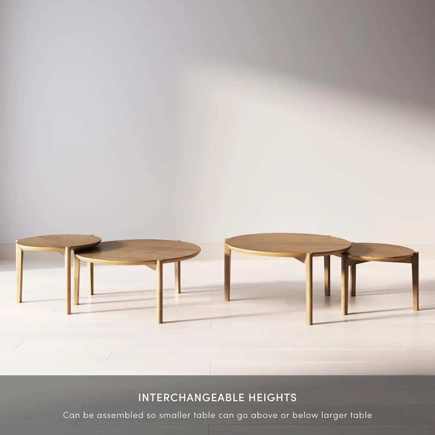 Kendall Round Modern Nesting Coffee Set of 2, Stacking Living Room Accent Tables, Light Brown 6