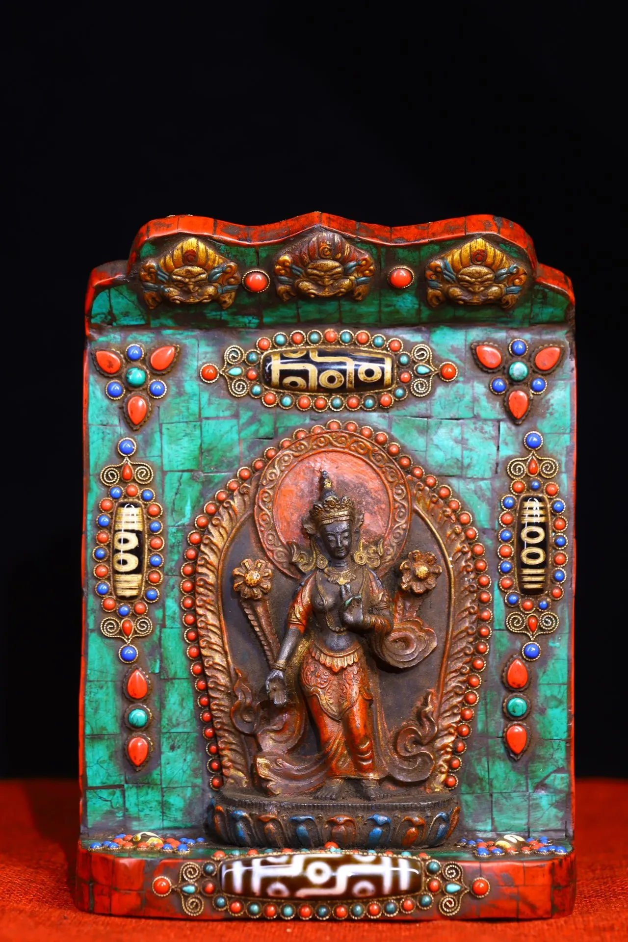 

Коллекция тибетских храмов 9 дюймов, старая бронзовая бирюза, филигранная мозаика, драгоценный камень, бусины Dzi, зеленый тара бодхисата, буд...