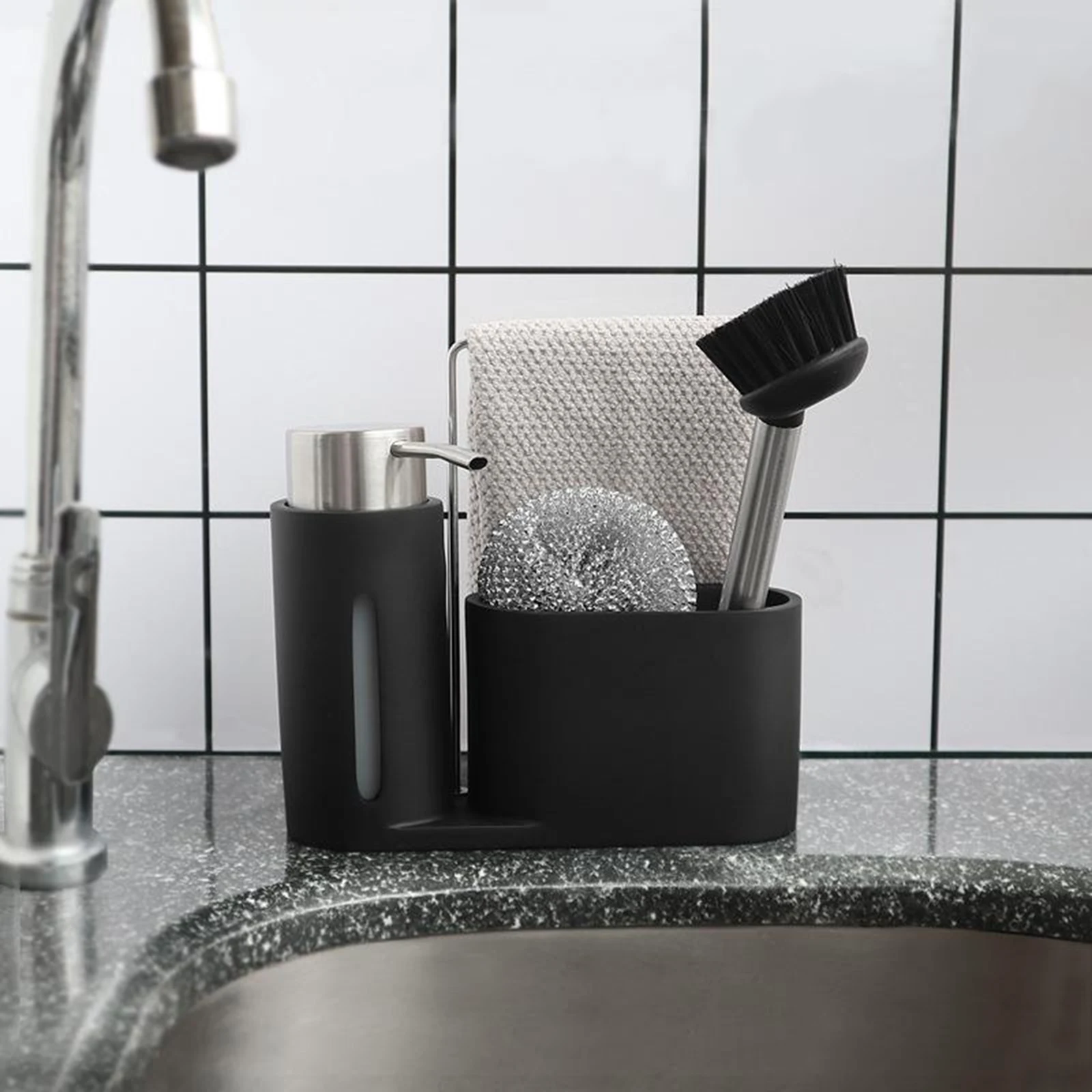 

Multi-Function chen Cleaning Soap Dispenser Steel Ball Dishwashing Brush Rag Storage Holder Caddy for Sink Countertop