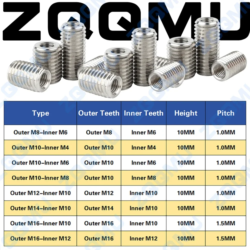 Thread Adapter 304 Stainless Steel M4 M6 M8 M10 M12 Inside Outside Thread Slotted Screw Wire Thread Insert Sleeve Conversion Nut Coupler