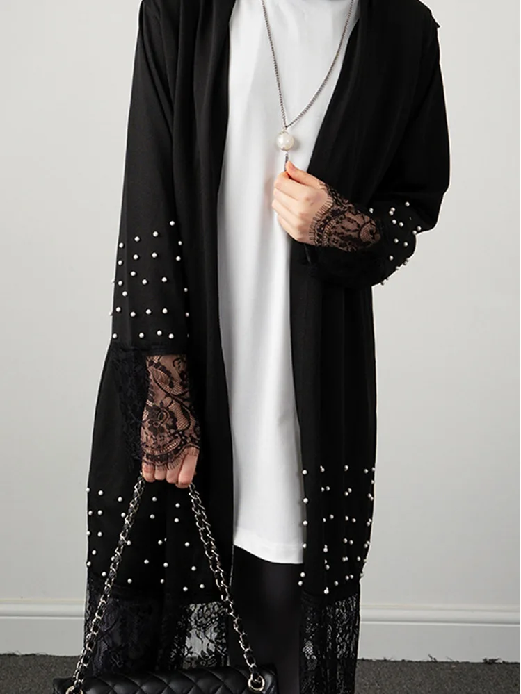 Fashion Sequins Black Mesh Patchwork Dubai Abaya Elegant Casual Full Sleeve V-Neck Long Dress Women Muslim