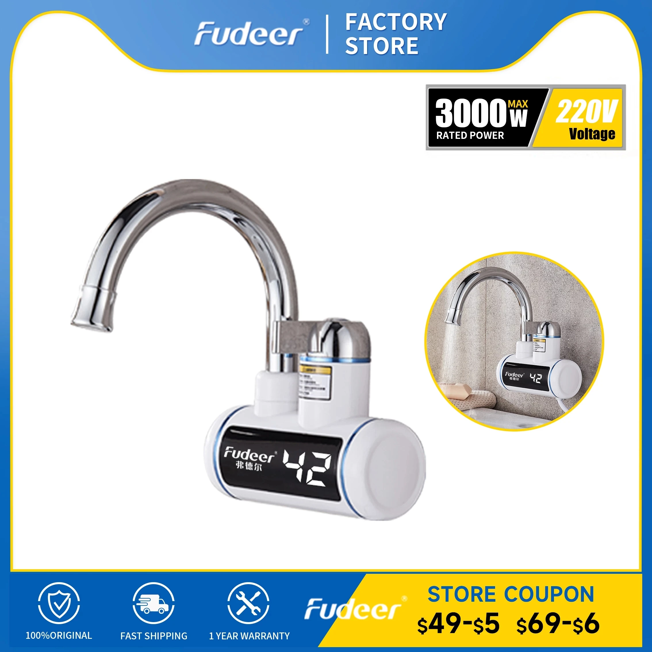 

Fudeer Instant Water Heater Faucet for Kitchen Bathroom 220V 3000W Elektrische Tankless Boiler Mixer Tap with LED Display
