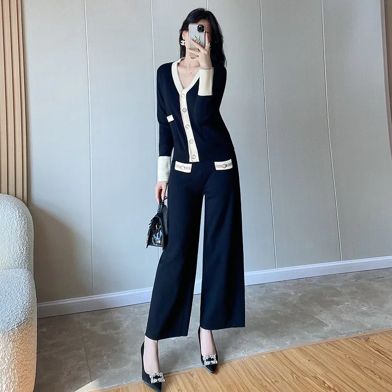 

MIAOO Women Autumn Sweat Suits Casual 2 Piece Knitted Set Cardigan Sweater + Wide-Leg Pants Sets Trousers Office Lady