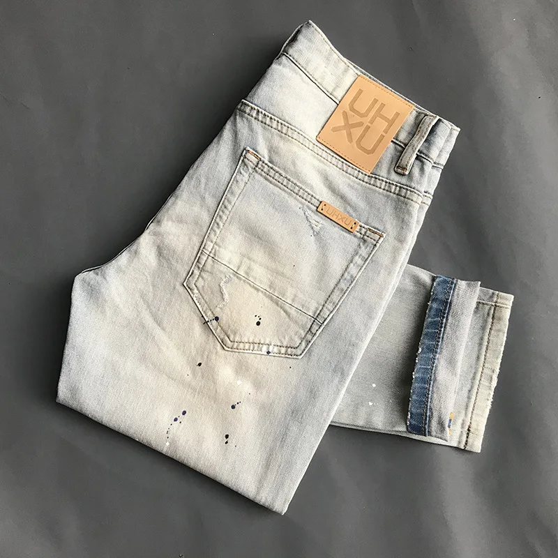 2024 Jeans Men's Ripped Trendy Locomotive Style Street Fashion Slim Fit Skinny Pants Stretch Patch Youth Trousers