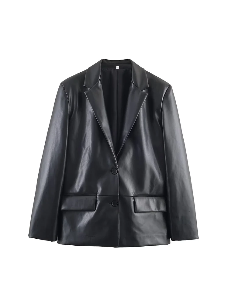 Autumn New Women Casual Faux Leather Blazer Jacket Solid Color Long Sleeve Single Breasted PU Jackets Luxury Fashion Loose