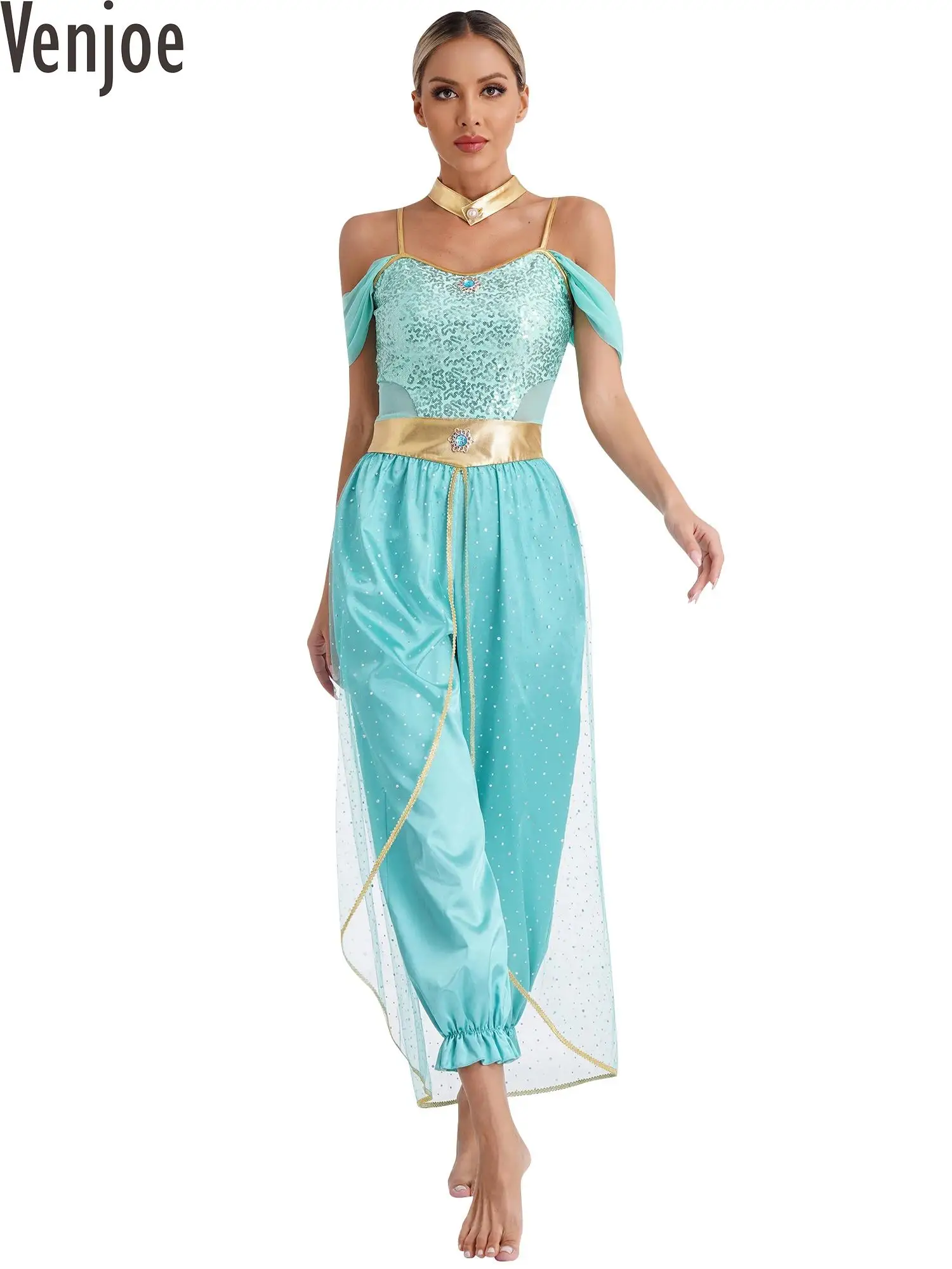 

Womens Belly Dance Costume Carnival Festival Arabian Princess Cospaly Costumes Romper with Metallic Shiny Choker for Halloween