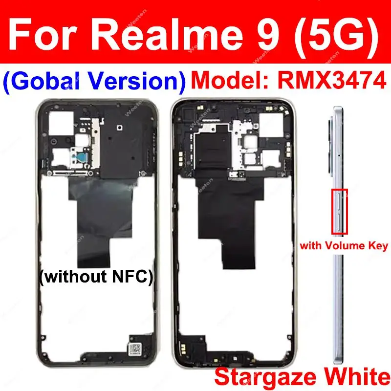 Realme 9 5G 글로벌 RMX3474용 중간 프레임 NFC 부품이 없는 측면 버튼이 있는 중간 프레임 하우징 커버 홀더 베젤