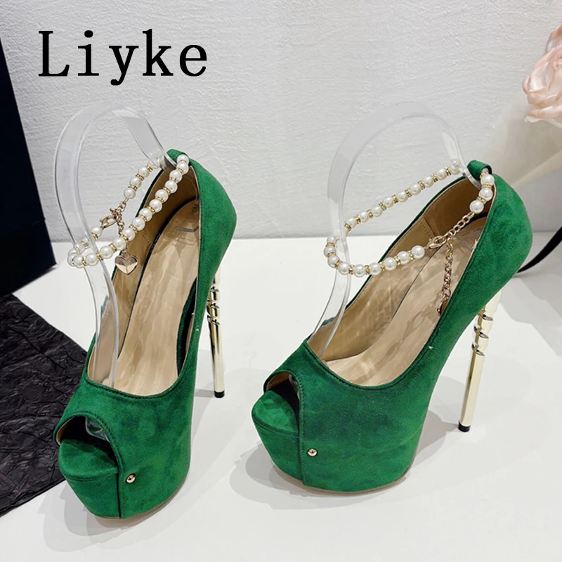 

Liyke Fashion Design String Bead Ankle Strap Women Platform Pumps Sexy Peep Toe Extreme High Heels Wedding Stripper Shoes Green