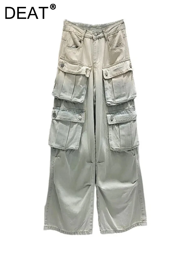 

DEAT Women's Jeans High Waist Multiple Pockets Washed Gradient Blue Straight Cargo Denim Pants 2024 Summer New Fashion 29L7776
