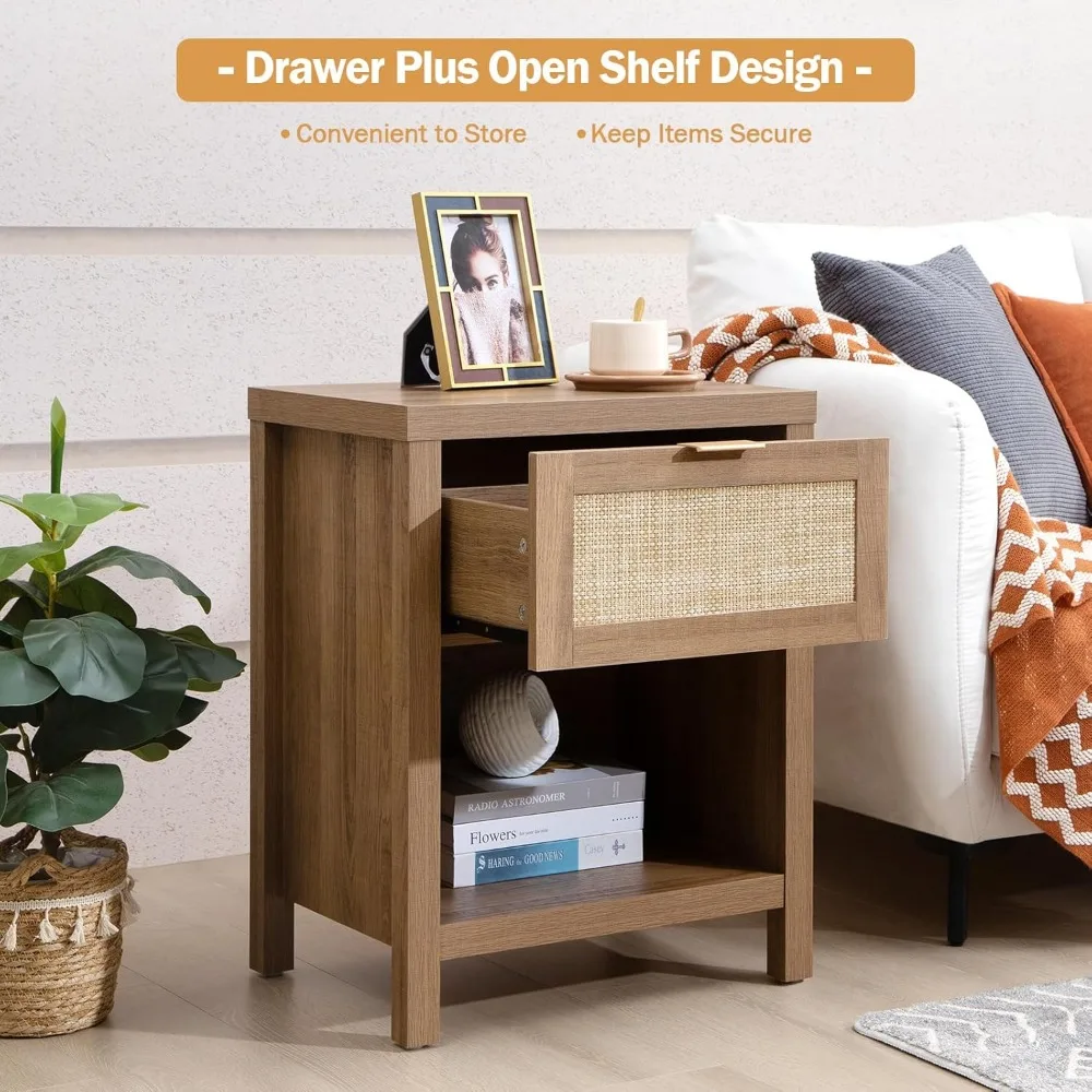 Rattan Nightstands Set of 2 - Farmhouse Night Stand with Drawer and Storage Shelf - Boho Bedside Table End Side Table fo Bedroom 5