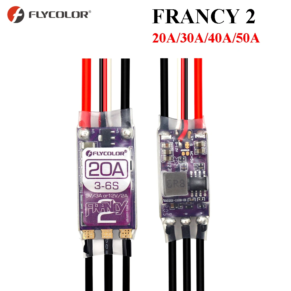 

FLYCOLOR FRANCY 2 20A/30A/40A/50A ESC 3-6S Double BEC 5V/3A 12V/2A Регулируемый для стандартного внедорожника с фиксированным крылом