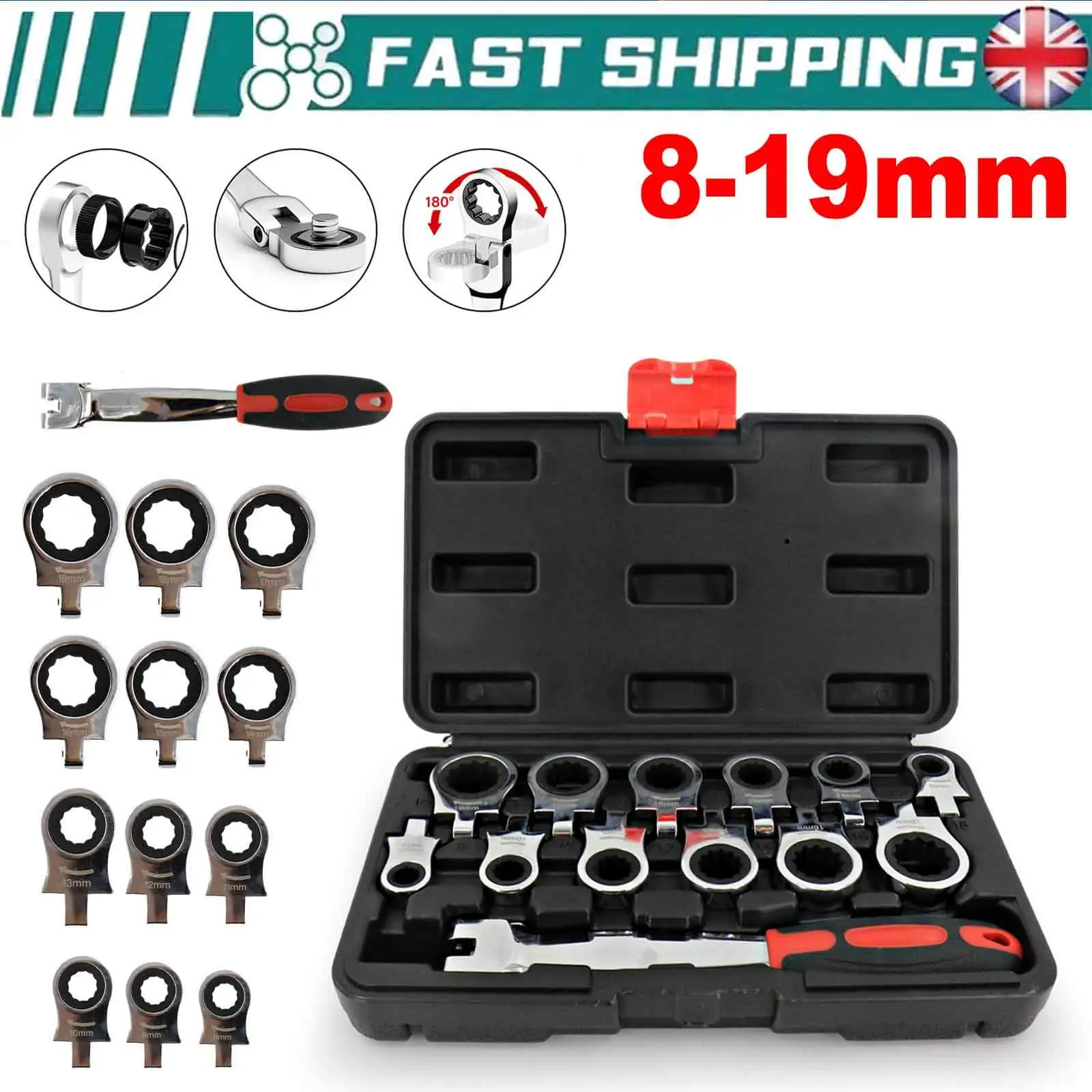 12Pcs 72 Tooth Metric Flexible Ratchet Spanner Set 8-19mm Interchangeable Heads Wrench Tools