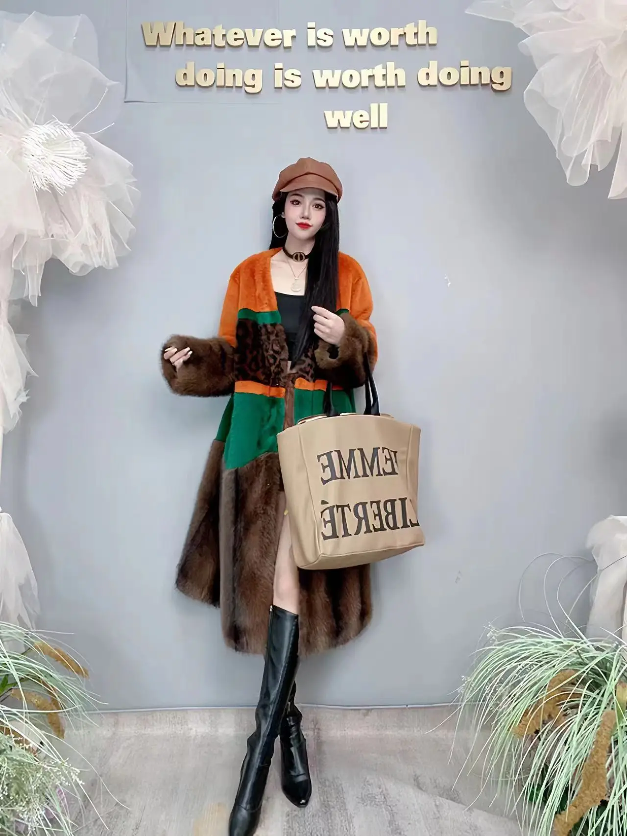 Orange Patchwork Leopard Print Green Eco-friendly Fur, Casual Mid Length V-neck Style Imitation Mink Fur Warm Coat, Winter New 2