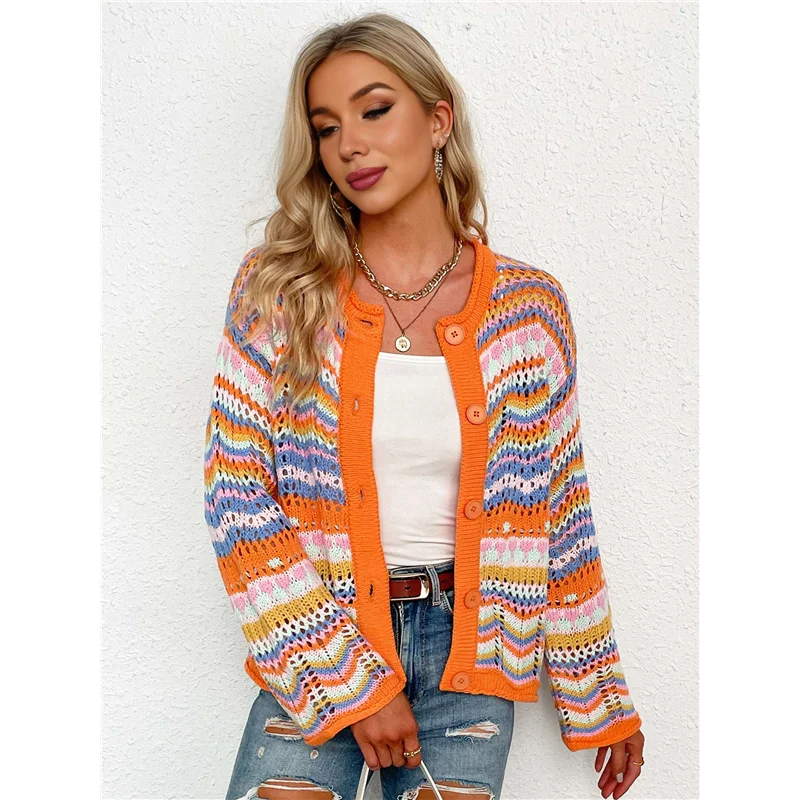 ABCA-여성용 멀티컬러 스트라이프 크로셰 니트 가디건 크루넥 플레어 슬리브 버튼 Y2K 스웨터 코트