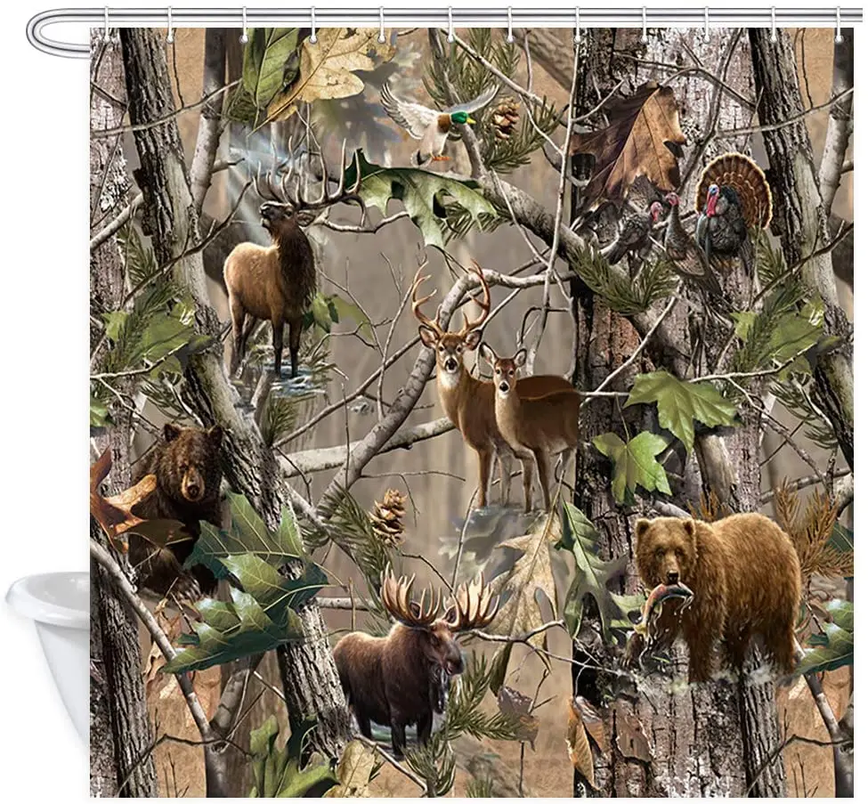 Hunting Shower Curtain Wildlife Animal Deer Bear Elk Turkey Real Tree