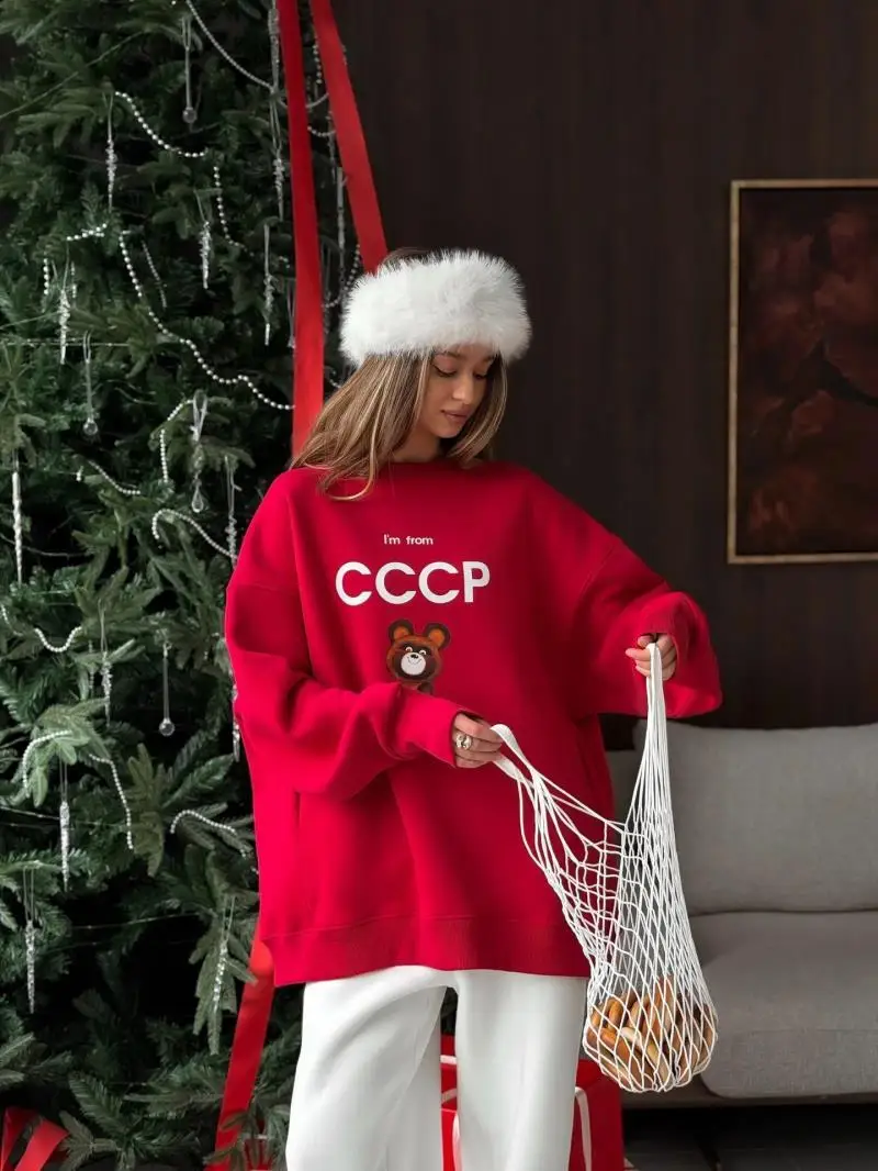 Chic Women's Printed New Year Sweatshirt Loose O-neck Full Sleeve Pullover Female 2026 Spring Lady Commute All-match Pullovers